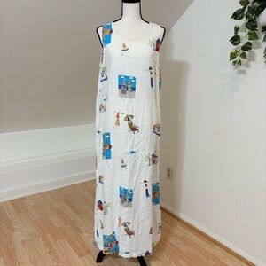 Hot Cotton Vintage 100% Linen Graphic Maxi Dress Travel Vacation Coastal Resort